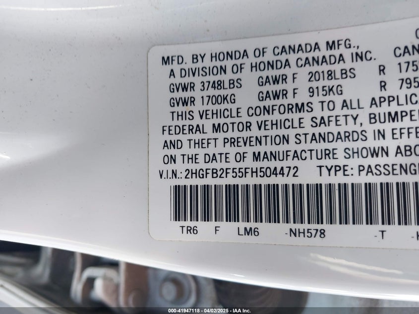 2015 HONDA CIVIC LX - 2HGFB2F55FH504472