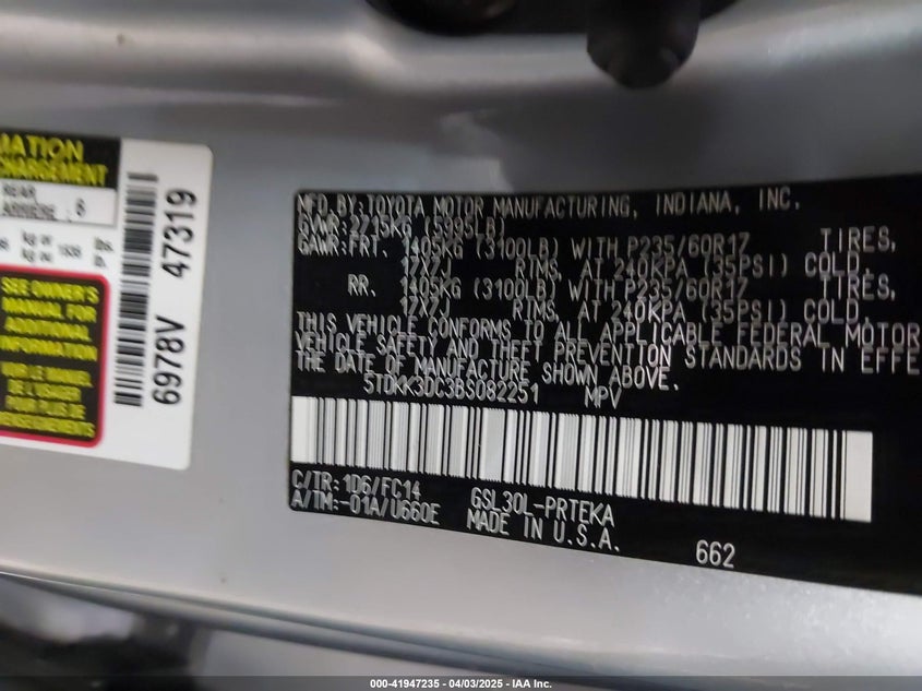 2011 TOYOTA SIENNA VIN: 5TDKK3DC3BS082251
