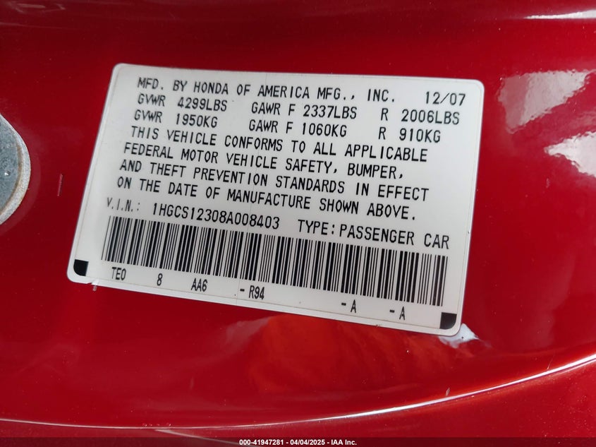 2008 HONDA ACCORD VIN: 1HGCS12308A008403