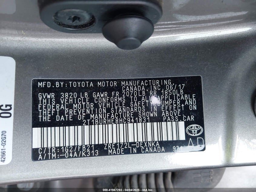 2017 TOYOTA COROLLA L/LE/XLE/SE/XSE - 2T1BURHE8HC941831