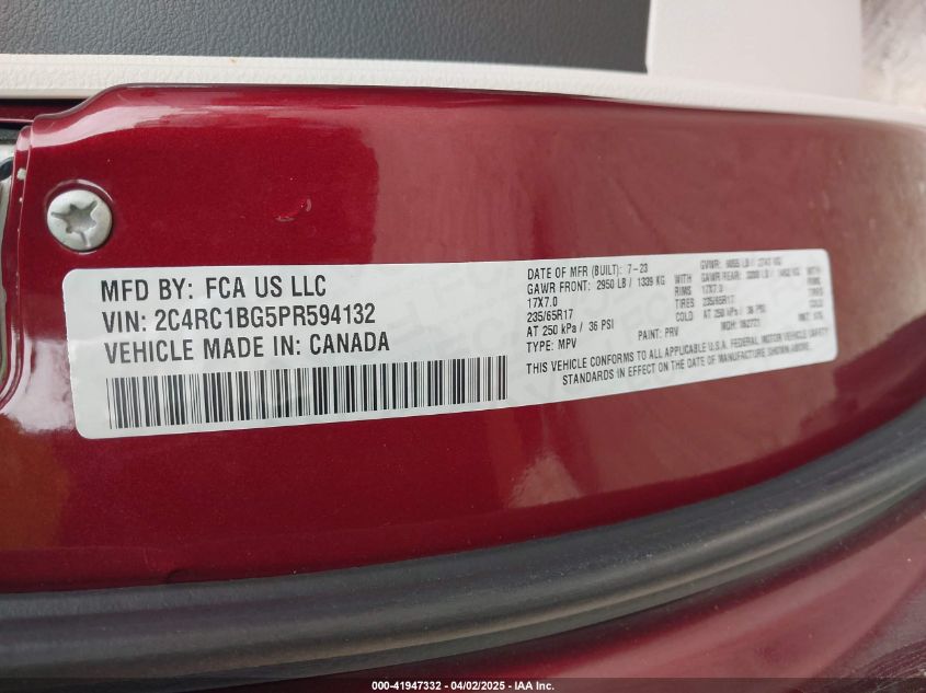 2023 Chrysler Pacifica Touring L VIN: 2C4RC1BG5PR594132 Lot: 41947332