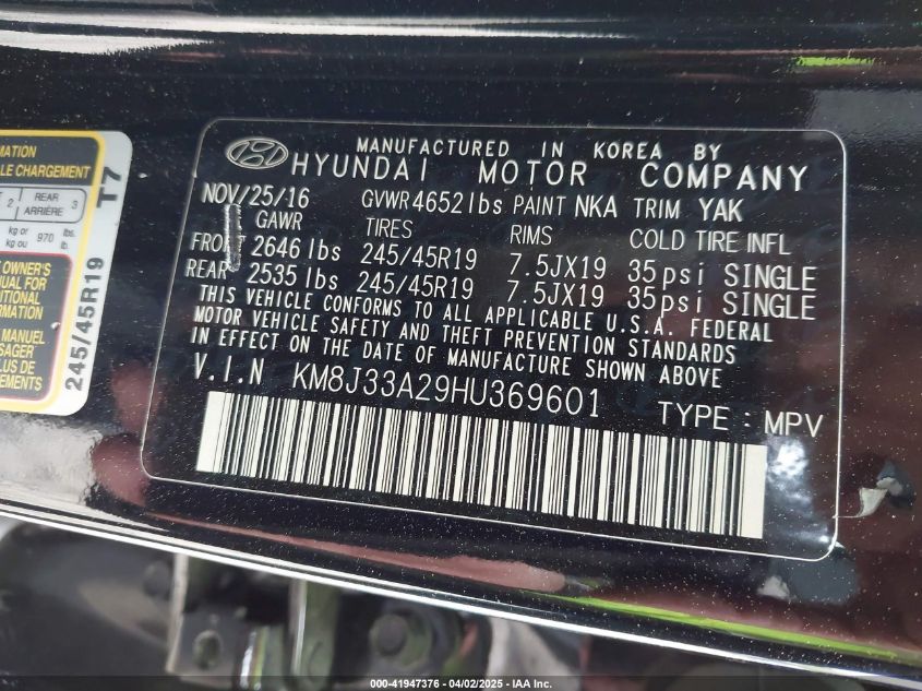 2017 Hyundai Tucson Limited VIN: KM8J33A29HU369601 Lot: 41947376