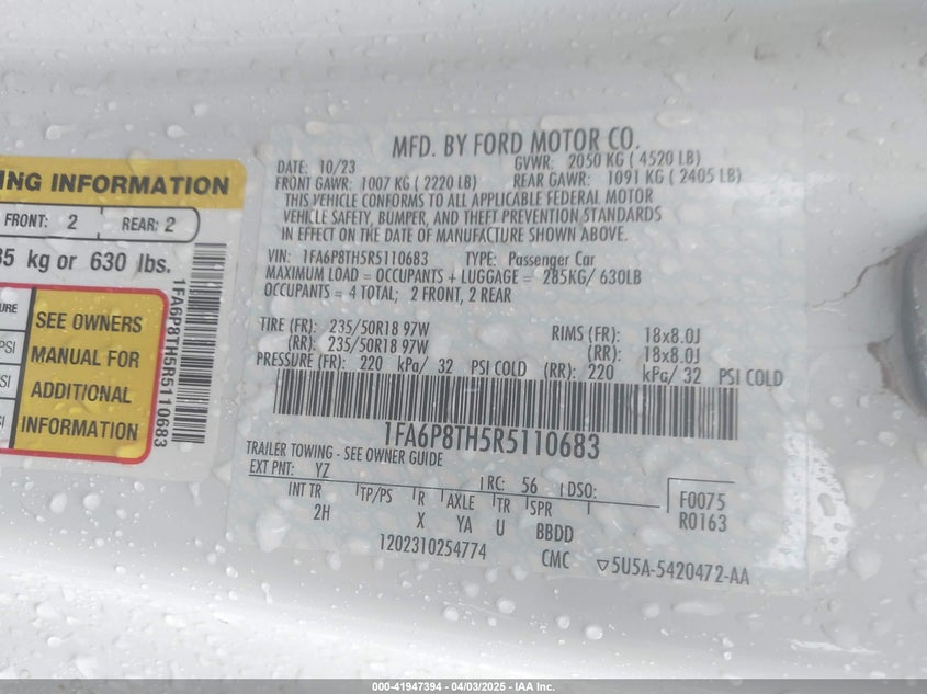 2024 FORD MUSTANG VIN: 1FA6P8TH5R5110683