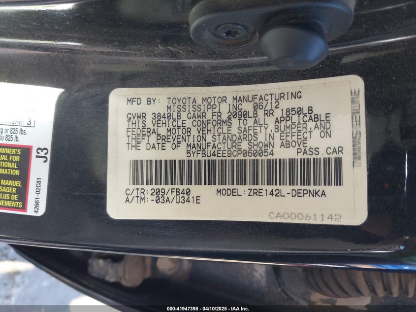 2012 TOYOTA COROLLA VIN: 5YFBU4EE9CP060054