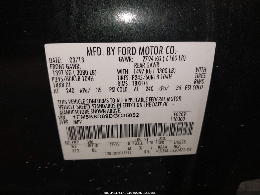 2013 FORD EXPLORER VIN: 1FM5K8D89DGC35052