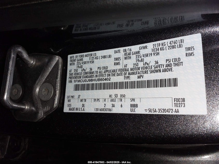 2017 FORD ESCAPE VIN: 1FMCU0J98HUB60402