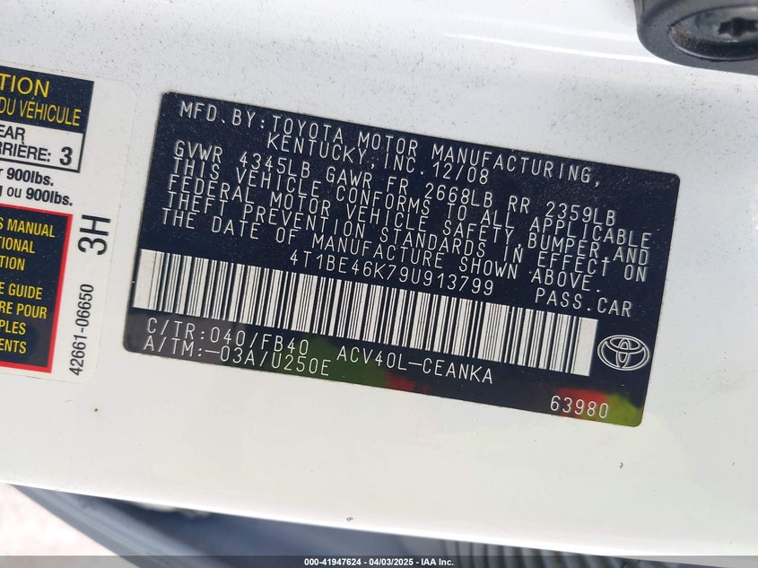 2009 TOYOTA CAMRY VIN: 4T1BE46K79U913799