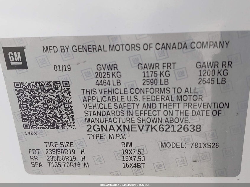 2019 CHEVROLET EQUINOX VIN: 2GNAXNEV7K6212638