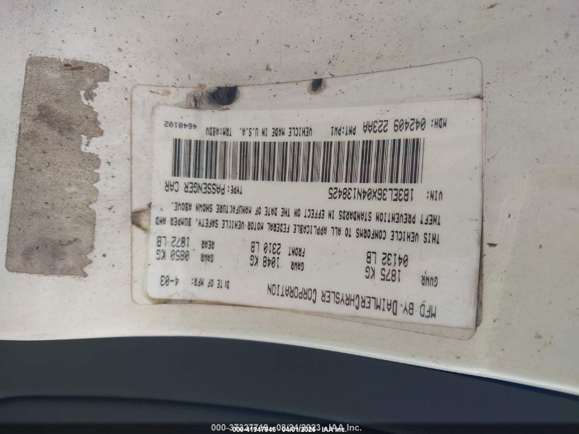 2004 Dodge Stratus Se VIN: 1B3EL36X04N138425 Lot: 41947946