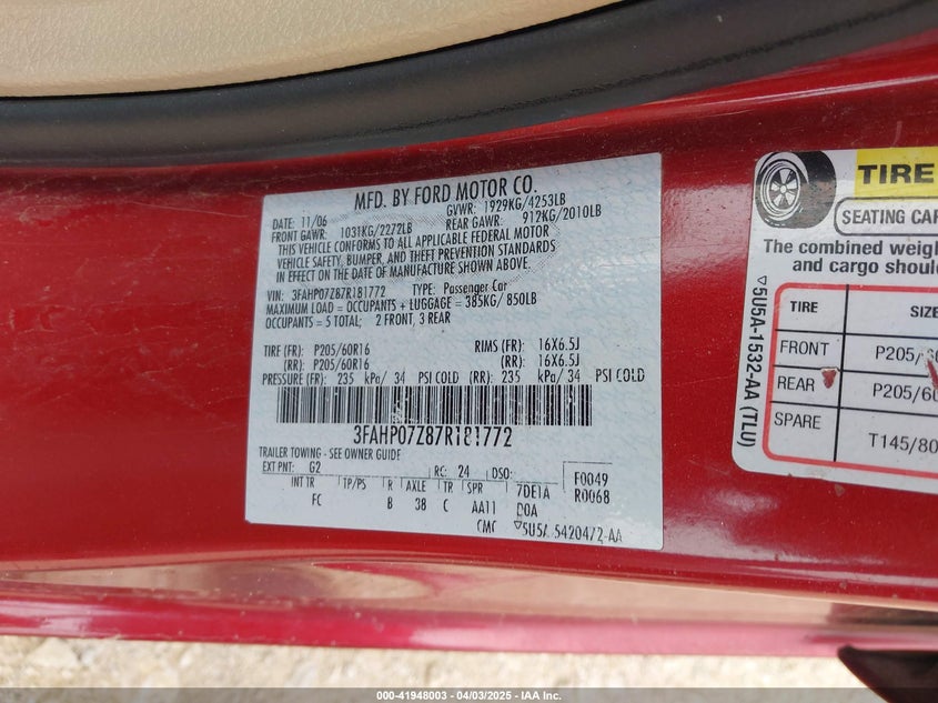 2007 FORD FUSION VIN: 3FAHP07Z87R181772