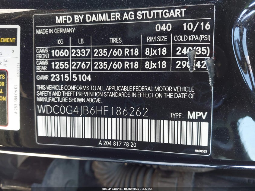 VIN WDC0G4JB6HF186262 2017 MERCEDES-BENZ GLC 300