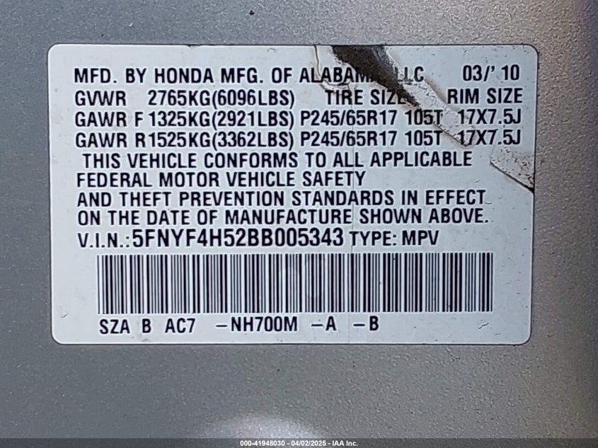 2011 HONDA PILOT VIN: 5FNYF4H52BB005343