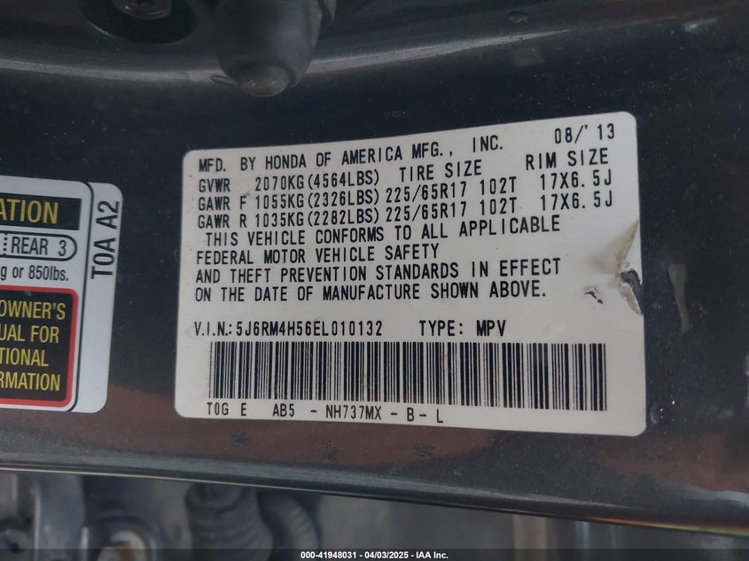 2014 HONDA CR-V VIN: 5J6RM4H56EL010132