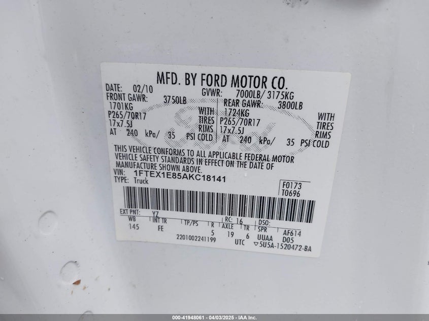 2010 FORD F-150 VIN: 1FTEX1E85AKC18141