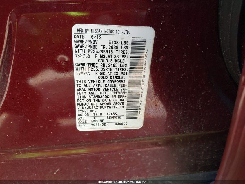 2012 NISSAN MURANO VIN: JN8AZ1MU4CW117888