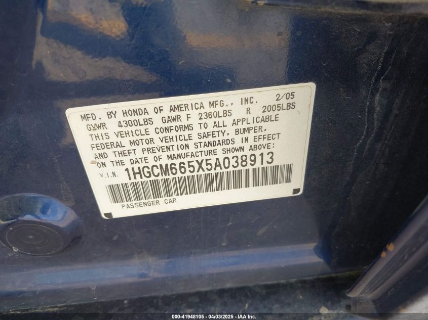 2005 Honda Accord 3.0 Ex VIN: 1HGCM665X5A038913 Lot: 41948105