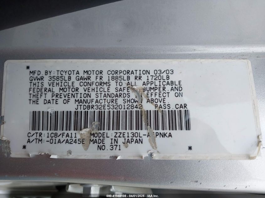 2003 Toyota Corolla Le VIN: JTDBR32E532012842 Lot: 41948108