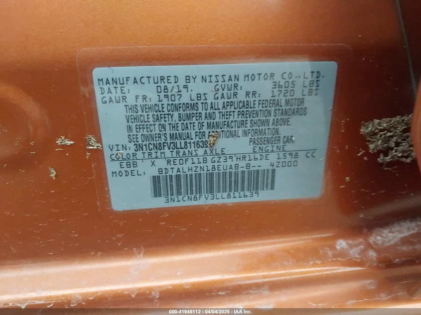 2020 NISSAN VERSA SR XTRONIC CVT - 3N1CN8FV3LL811639