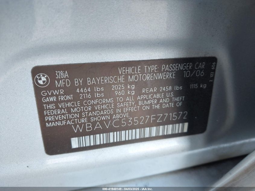 2007 BMW 328I VIN: WBAVC53527FZ71572 Lot: 41948149