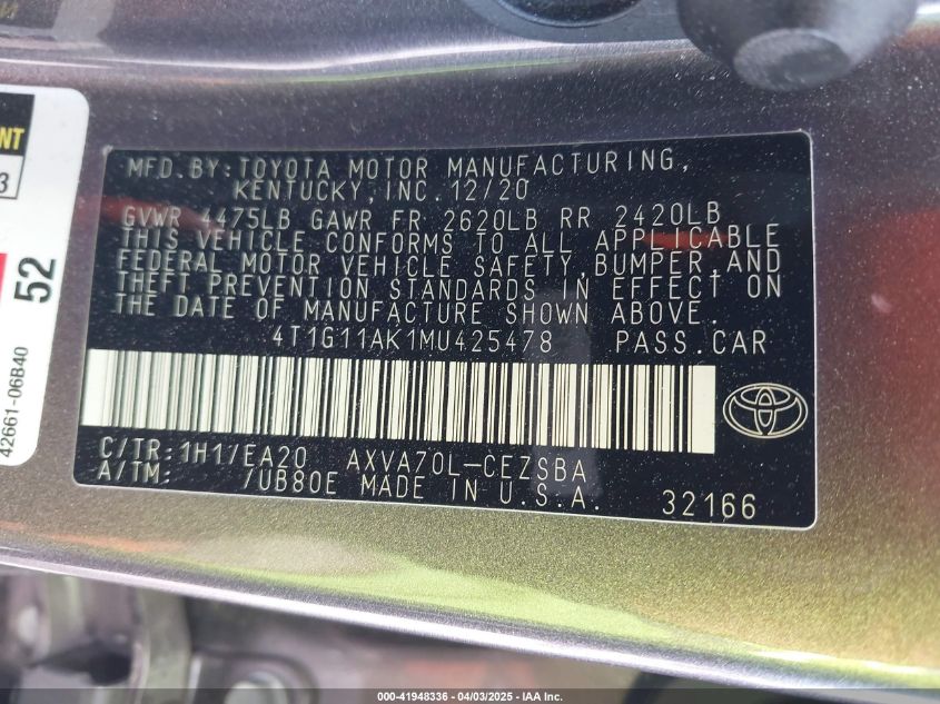 2021 Toyota Camry Se VIN: 4T1G11AK1MU425478 Lot: 41948336