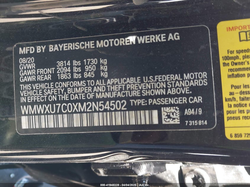 2021 MINI HARDTOP VIN: WMWXU7C0XM2N54502