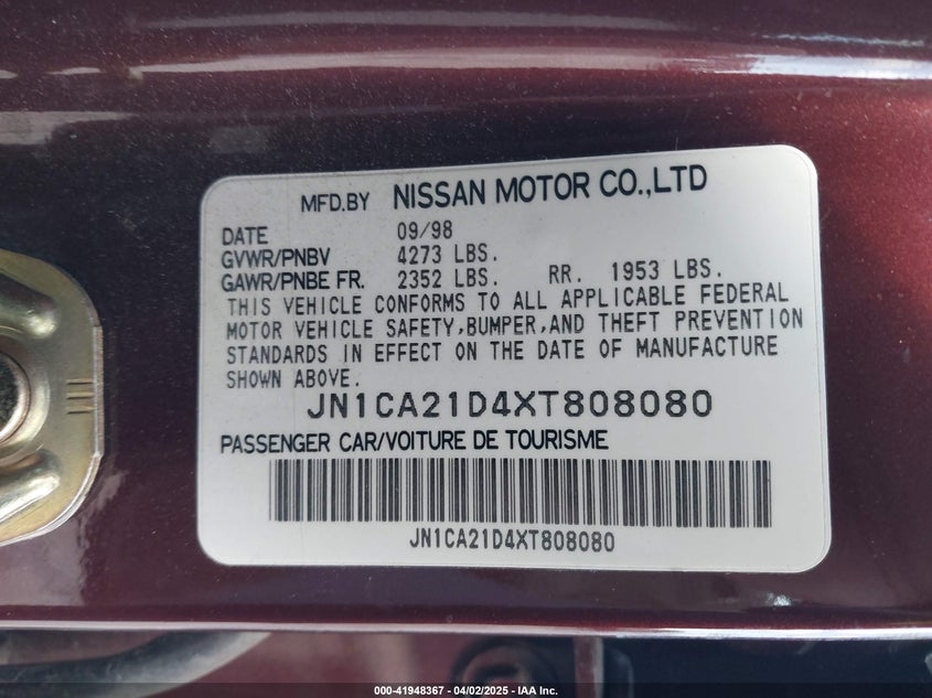 1999 Nissan Maxima Gle/Gxe/Se/Se-L VIN: JN1CA21D4XT808080 Lot: 41948367
