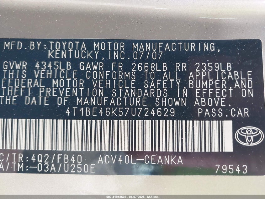 2007 Toyota Camry Le VIN: 4T1BE46K57U724629 Lot: 41948503