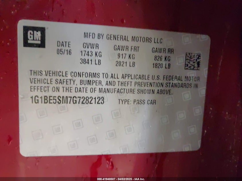 2016 CHEVROLET CRUZE VIN: 1G1BE5SM7G7282123