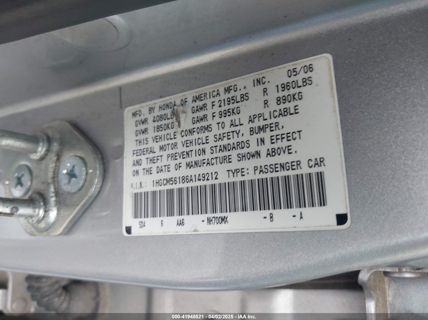 2006 HONDA ACCORD VIN: 1HGCM56186A149212