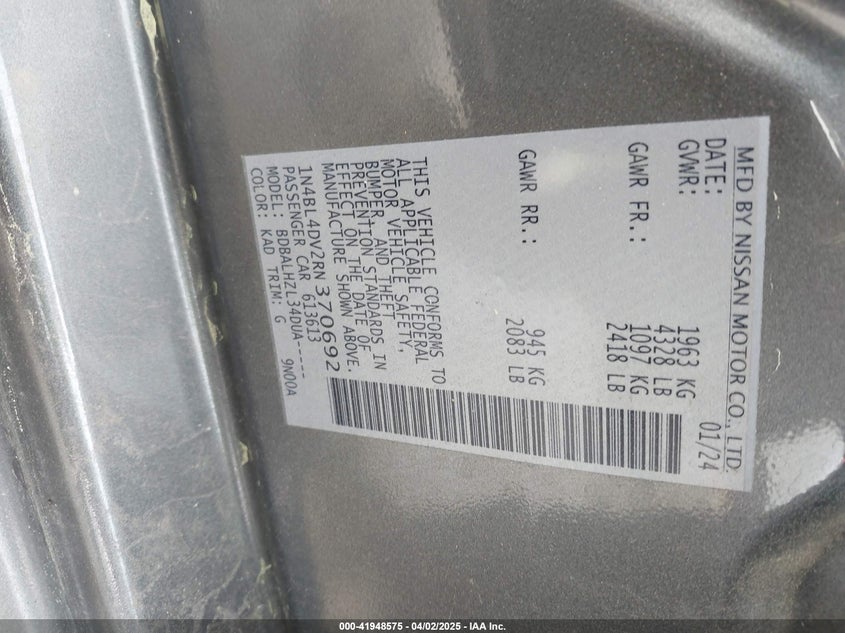 VIN 1N4BL4DV2RN370692 2024 NISSAN ALTIMA SV FWD