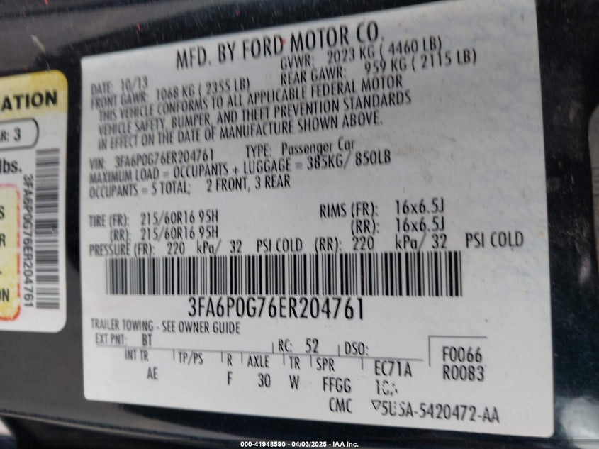 2014 FORD FUSION VIN: 3FA6P0G76ER204761