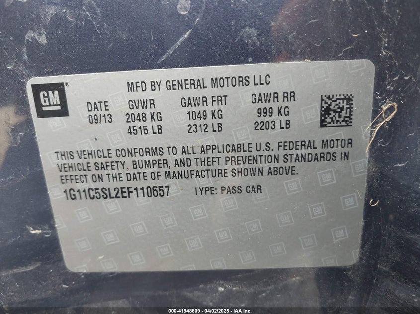 2014 CHEVROLET MALIBU VIN: 1G11C5SL2EF110657
