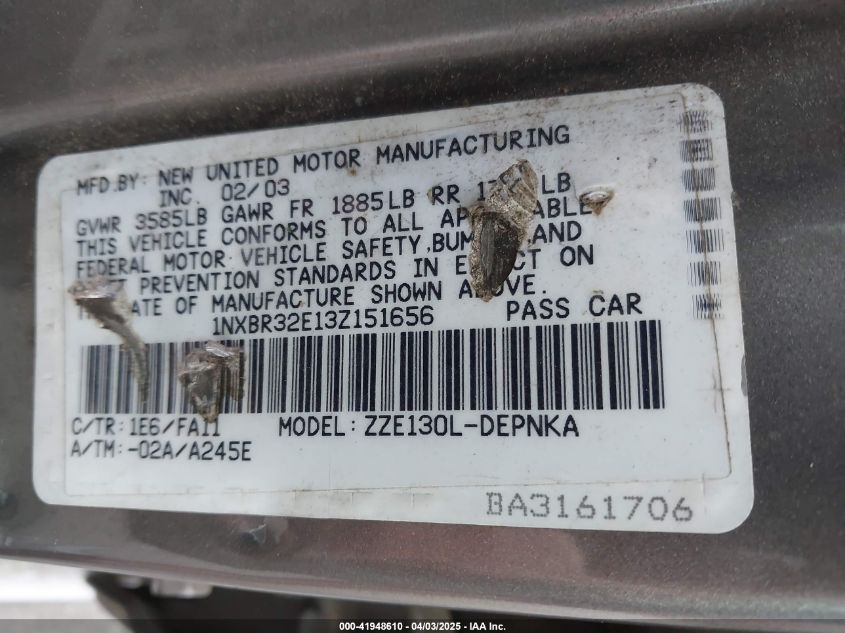 2003 Toyota Corolla Le VIN: 1NXBR32E13Z151656 Lot: 41948610