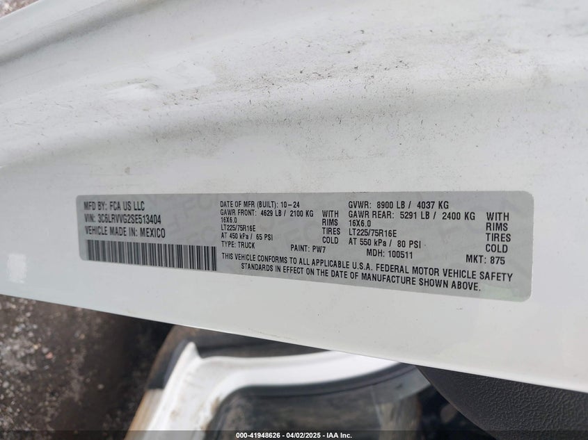 VIN 3C6LRVVG2SE513404 2025 RAM PROMASTER 2500 TRADESMAN LOW ROOF 136 WB W/PASS SEAT