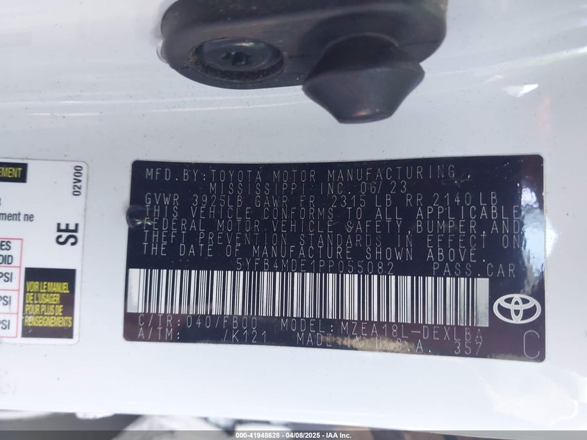 2023 TOYOTA COROLLA VIN: 5YFB4MDE1PP055082