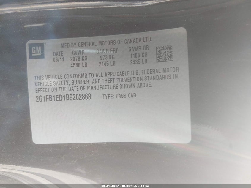 2011 CHEVROLET CAMARO VIN: 2G1FB1ED1B9202868