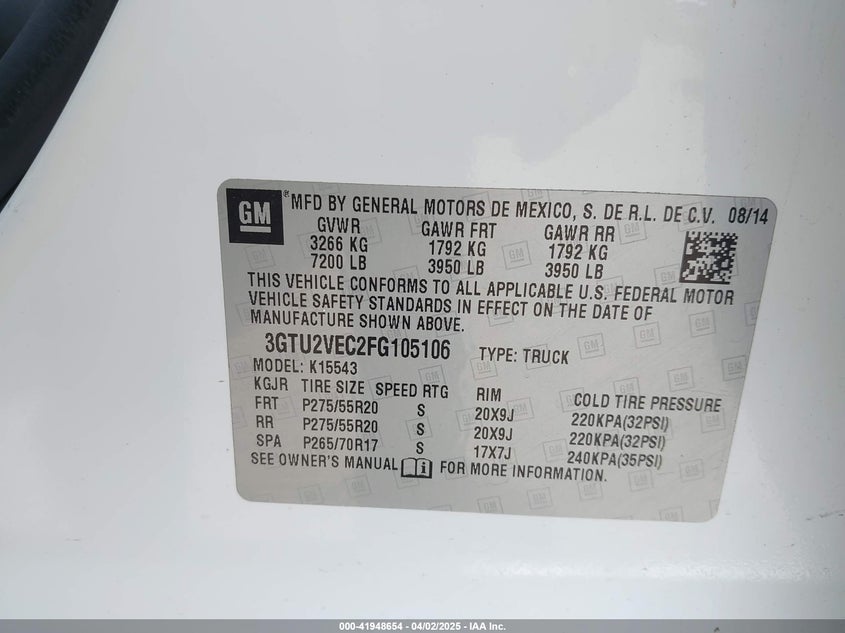 2015 GMC SIERRA 1500 SLT - 3GTU2VEC2FG105106