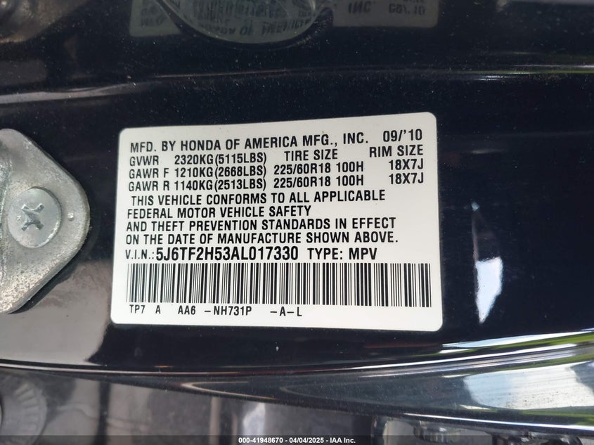 2010 HONDA ACCORD CROSSTOUR VIN: 5J6TF2H53AL017330
