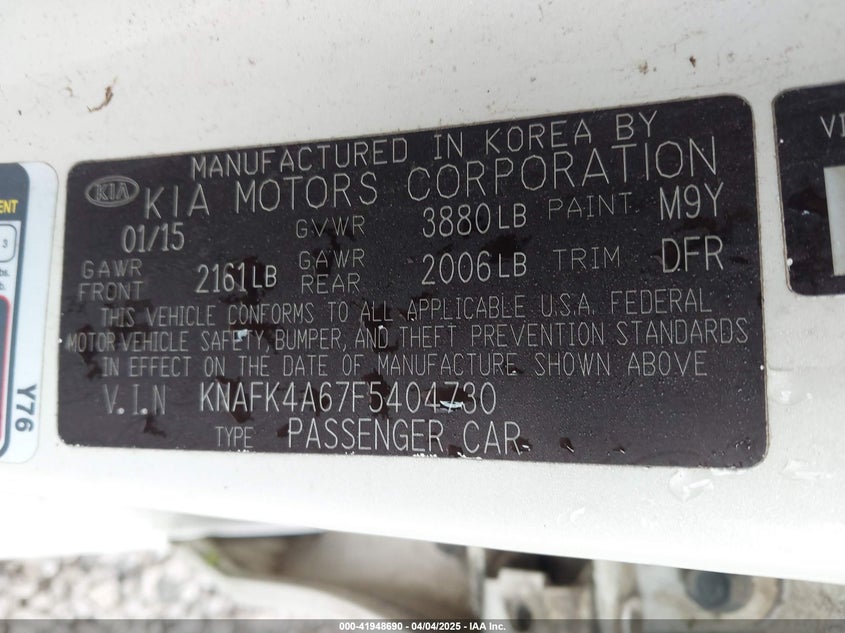 2015 KIA FORTE VIN: KNAFK4A67F5404730