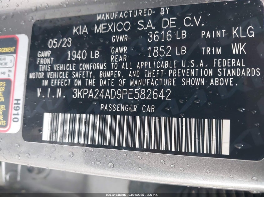 2023 KIA RIO VIN: 3KPA24AD9PE582642