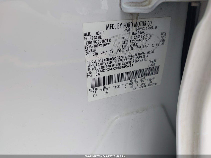 2011 FORD EDGE VIN: 2FMDK3AK0BBA95251