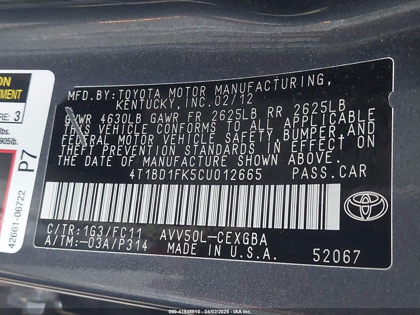 2012 TOYOTA CAMRY HYBRID VIN: 4T1BD1FK5CU012665