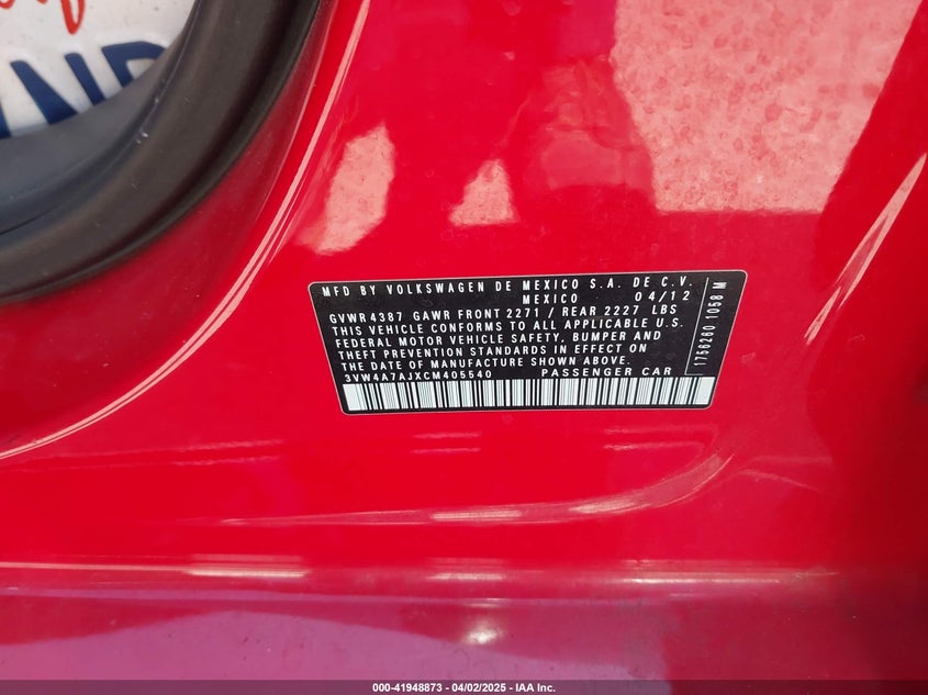 2012 VOLKSWAGEN JETTA VIN: 3VW4A7AJXCM405540