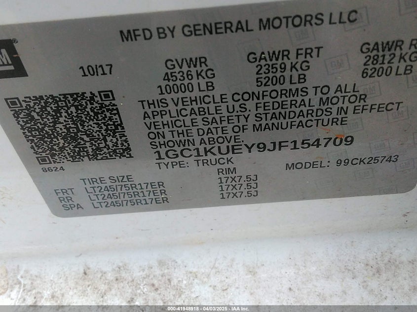 2018 CHEVROLET SILVERADO 2500HD VIN: 1GC1KUEY9JF154709