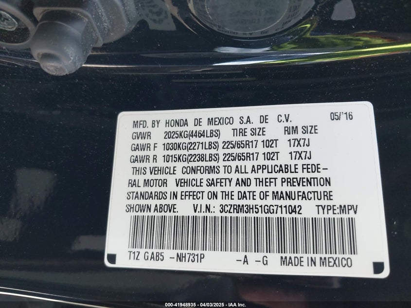 2016 HONDA CR-V VIN: 3CZRM3H51GG711042
