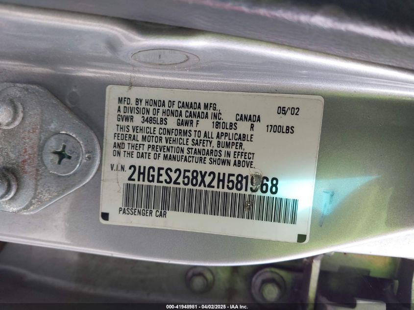 2002 Honda Civic Ex VIN: 2HGES258X2H581968 Lot: 41948981
