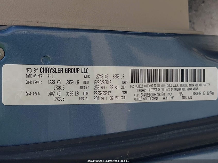 2011 CHRYSLER TOWN & COUNTRY VIN: 2A4RR8DG0BR716130