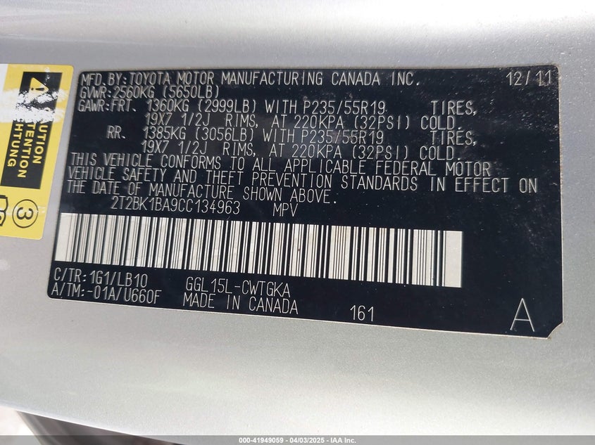 2012 LEXUS RX 350 VIN: 2T2BK1BA9CC134963