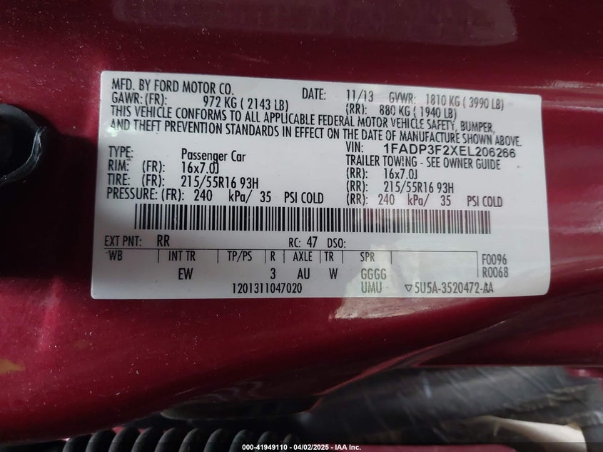 2014 FORD FOCUS VIN: 1FADP3F2XEL206266