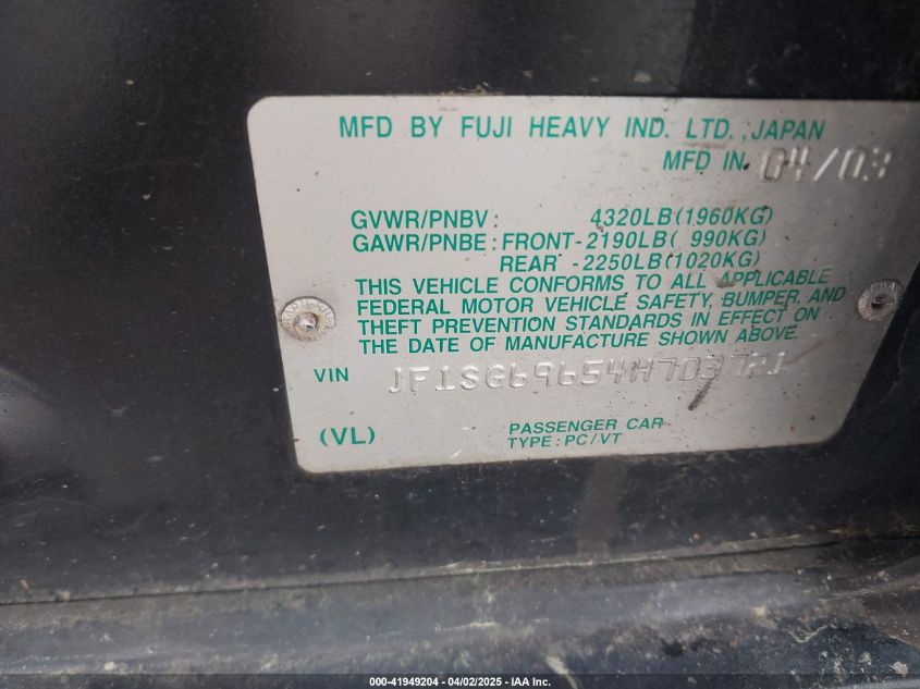 2004 Subaru Forester 2.5Xt VIN: JF1SG69654H703721 Lot: 41949204